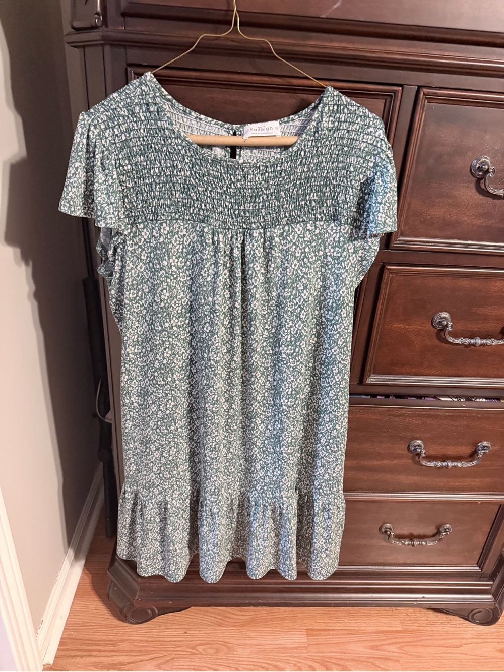 Smocked Yoke Floral Mini Dress in Sage Green